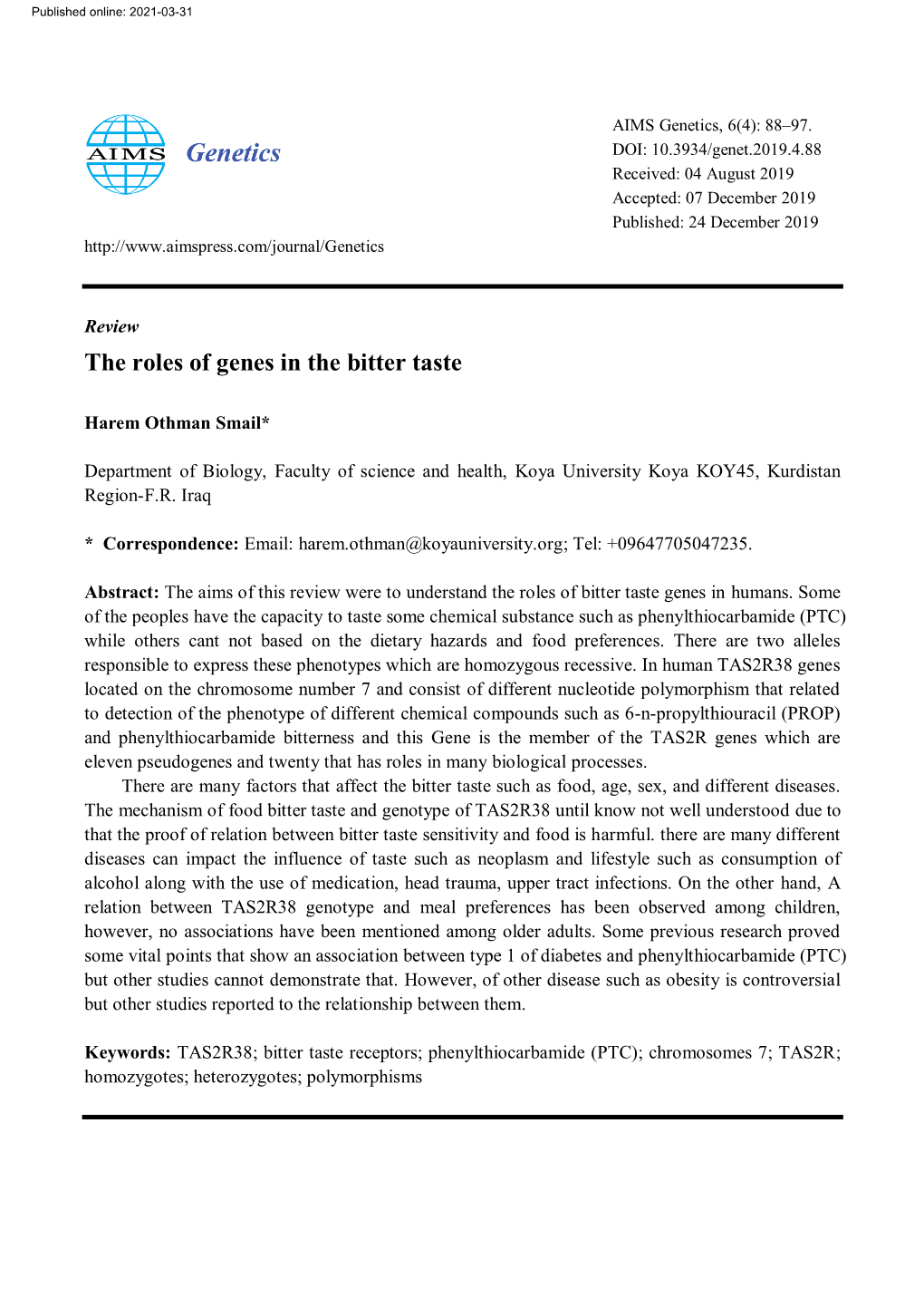 The Roles of Genes in the Bitter Taste