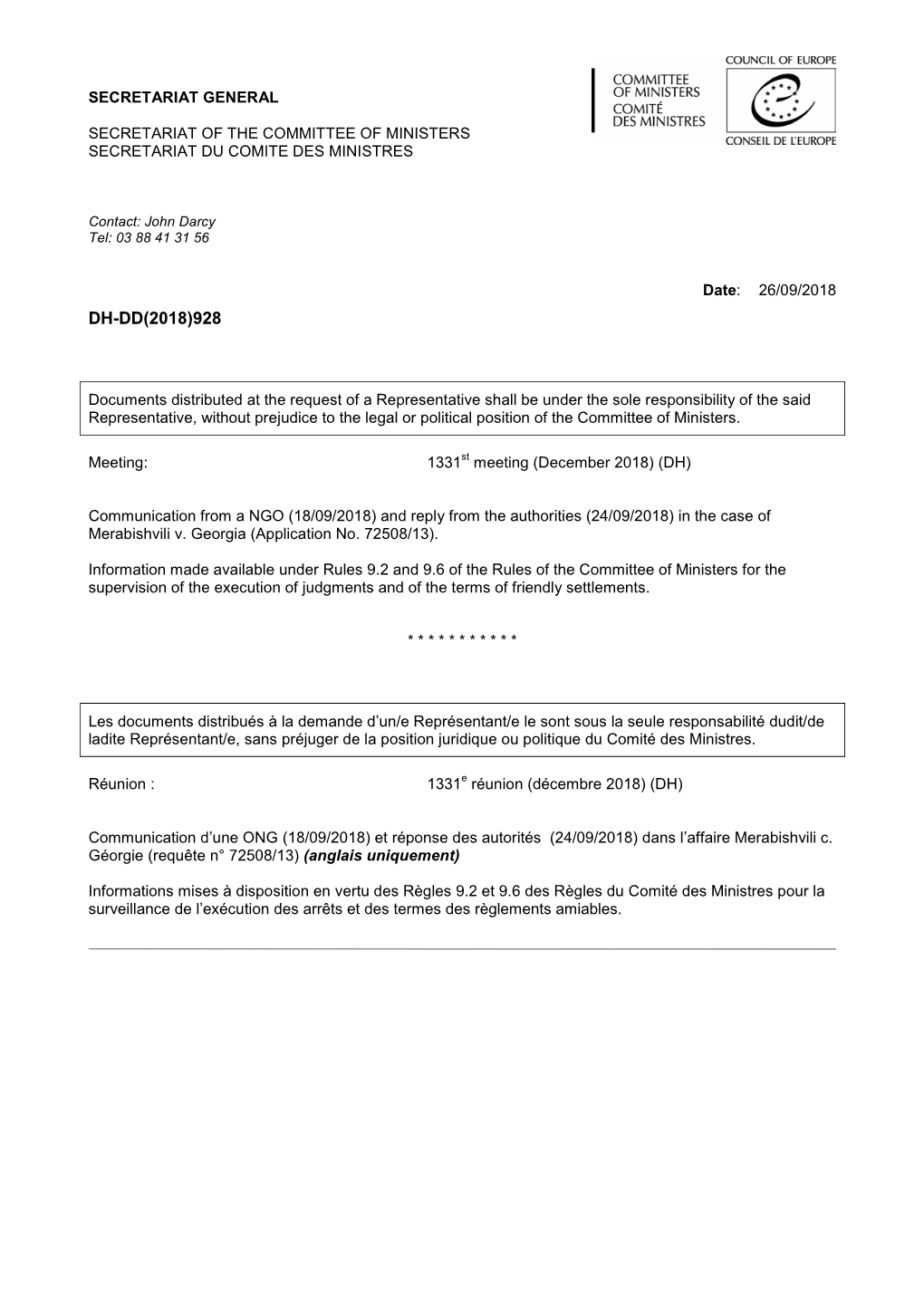 Committee of Ministers Secretariat Du Comite Des Ministres