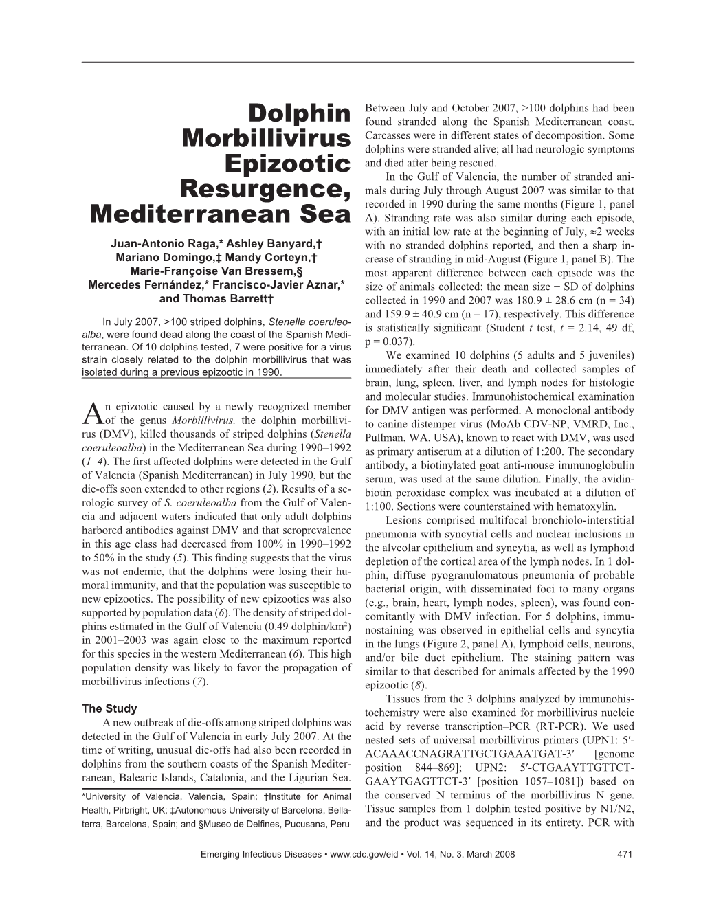 Dolphin Morbillivirus Epizootic Resurgence, Mediterranean