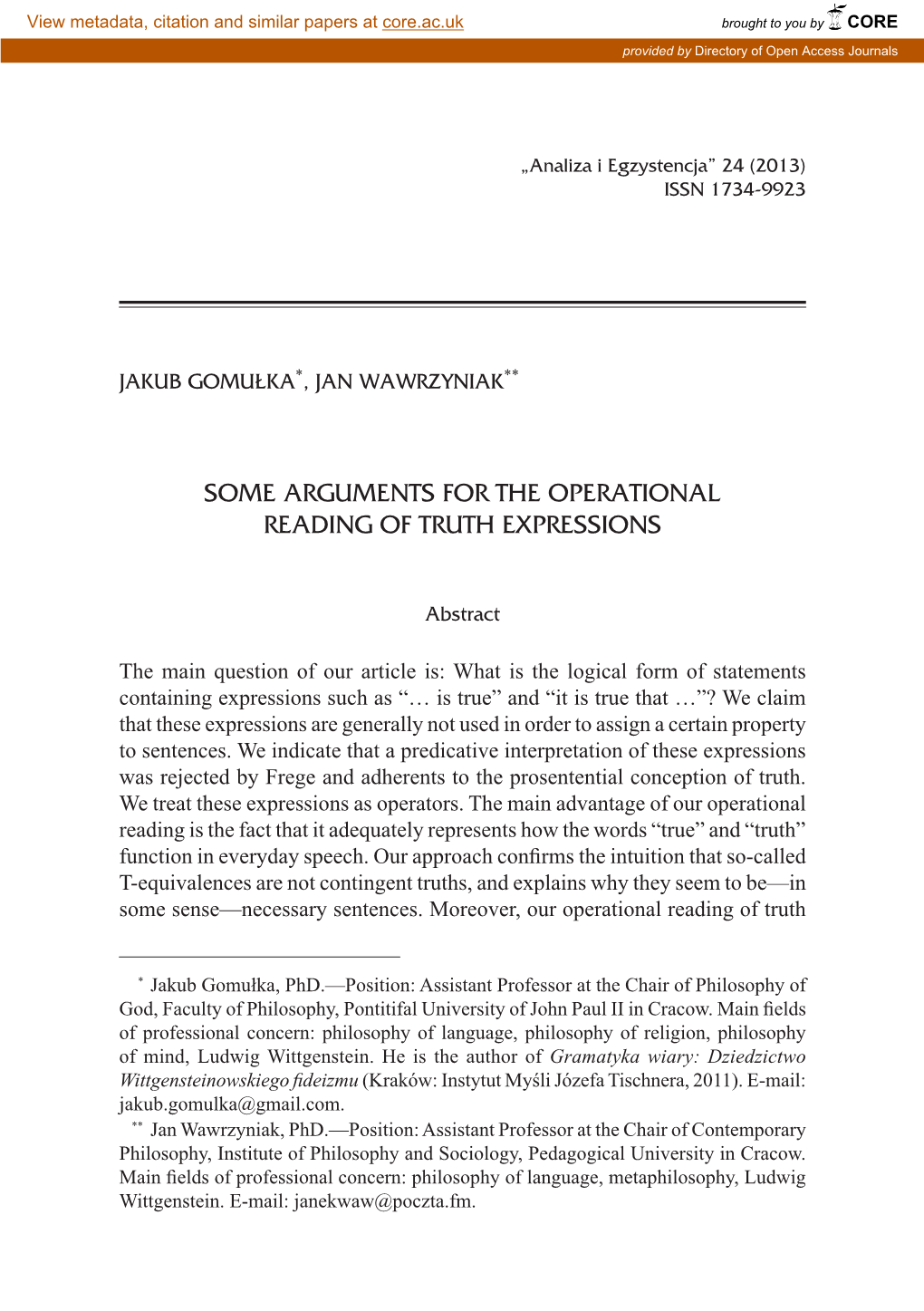 Some Arguments for the Operational Reading of Truth Expressions