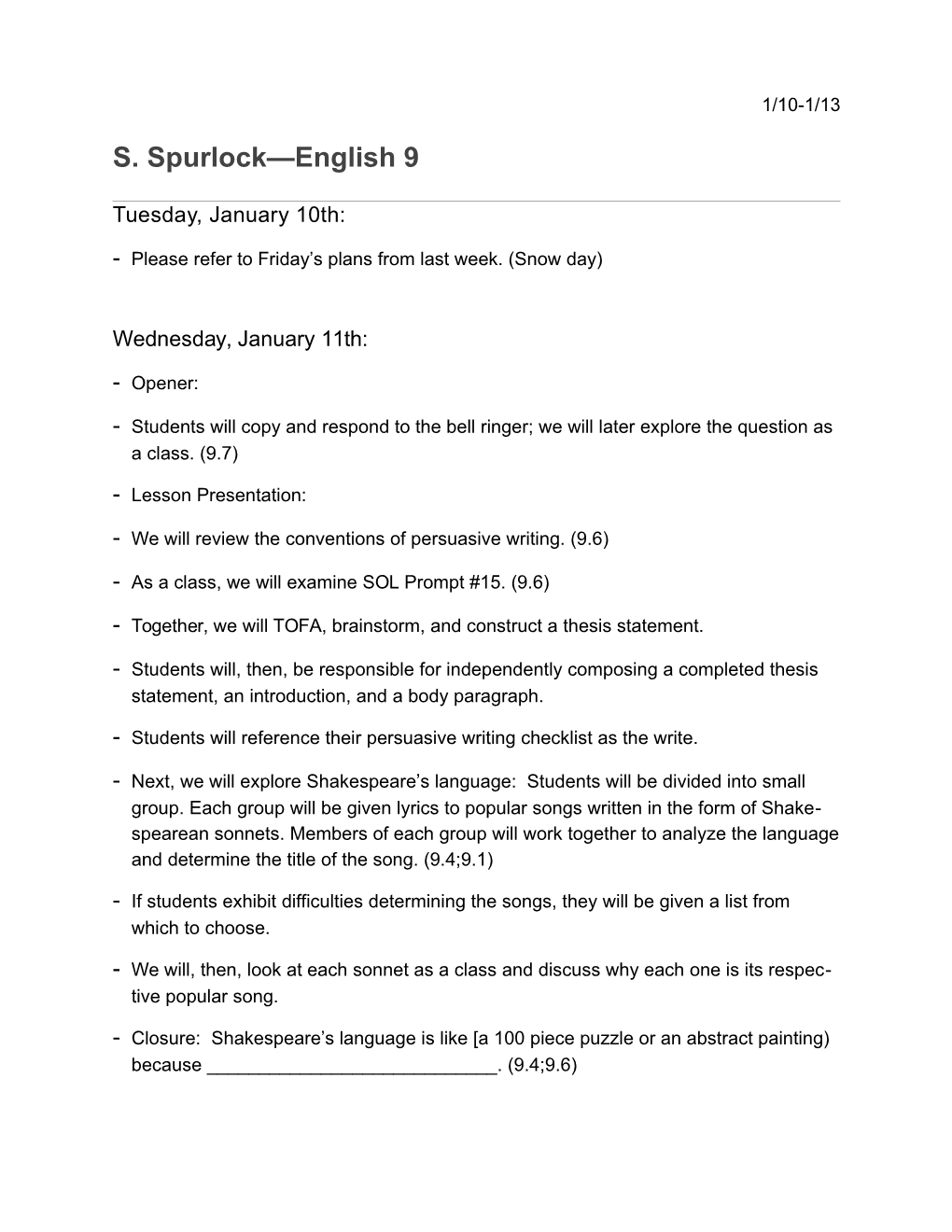 S. Spurlock English 9