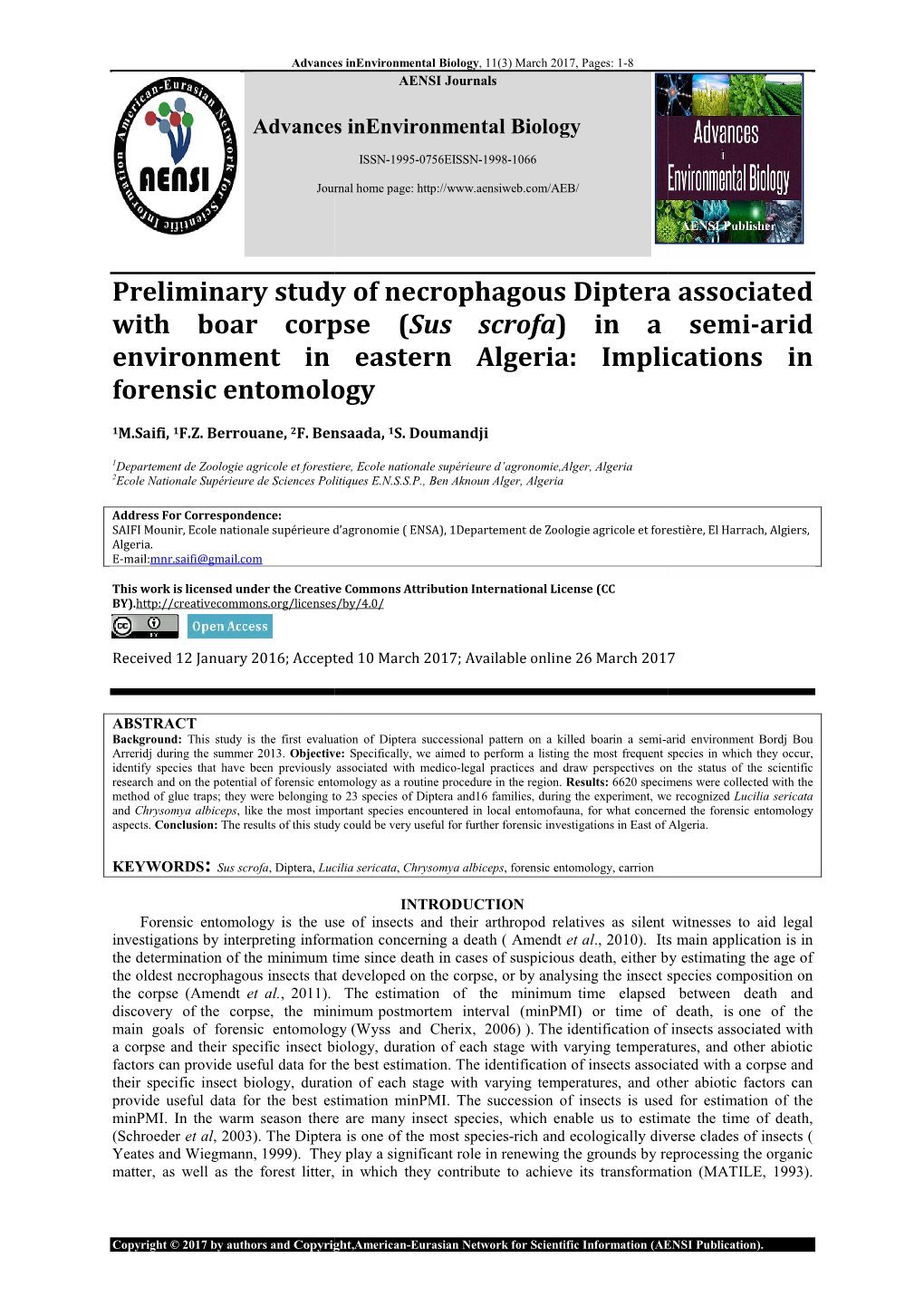 Environment in Eastern Forensic Entomology Inary Study Of