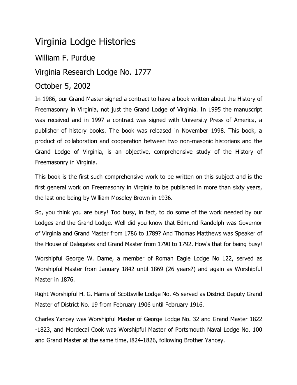Virginia Lodge Histories William F
