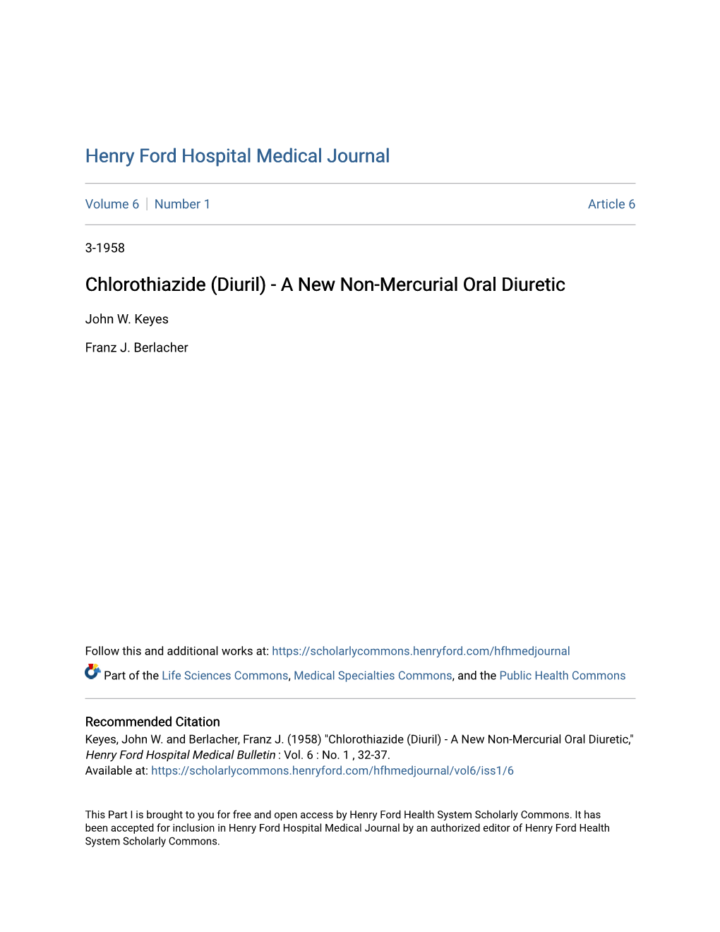 Chlorothiazide (Diuril) - a New Non-Mercurial Oral Diuretic