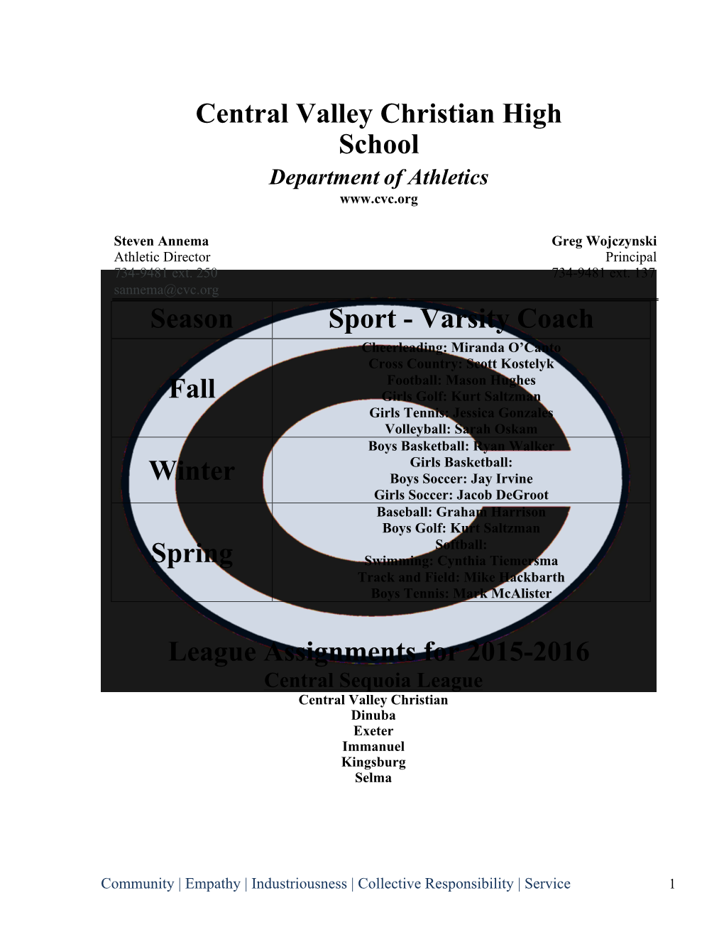 Central Valley Christian High School League Assignments for 2015-2016