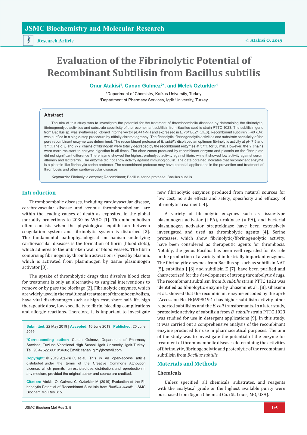 Evaluation of the Fibrinolytic Potential of Recombinant Subtilisin from Bacillus Subtilis