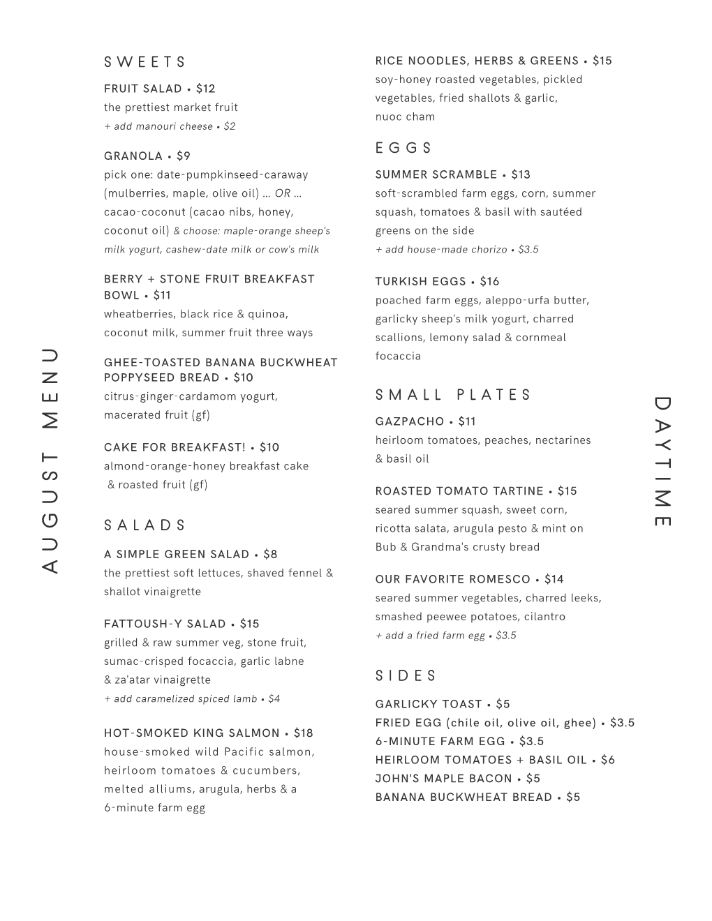 Da Ytime August Menu