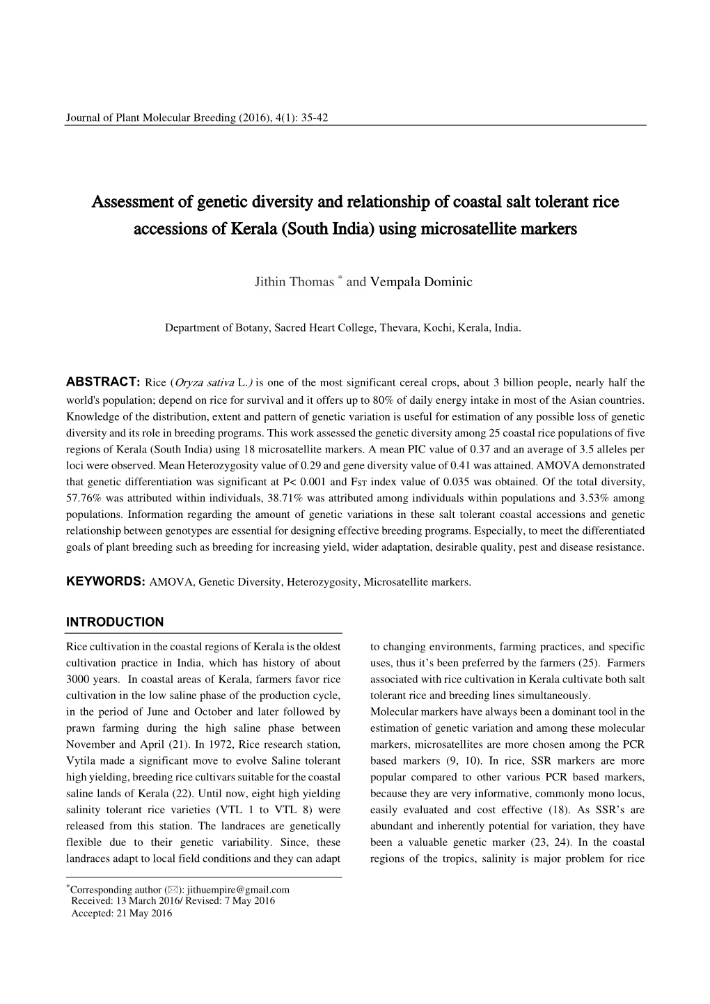 Assessment of Genetic Diversity and Relationship of Coastal Salt Tolerant Rice Accessions of Kerala (South India) Using Microsatellite Markers