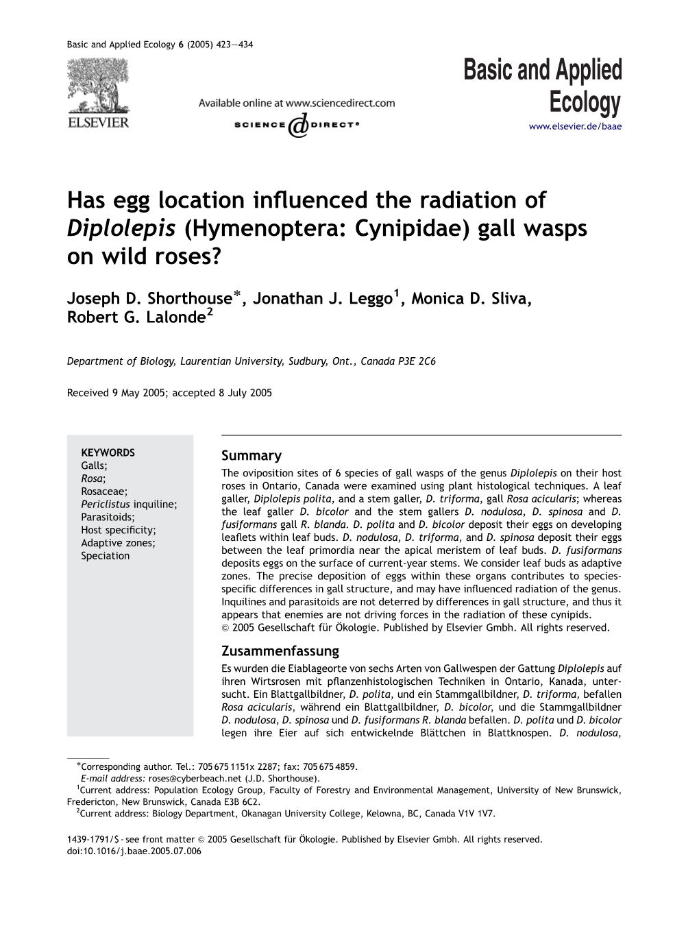 Has Egg Location Influenced the Radiation of Diplolepis (Hymenoptera: Cynipidae) Gall Wasps on Wild Roses?