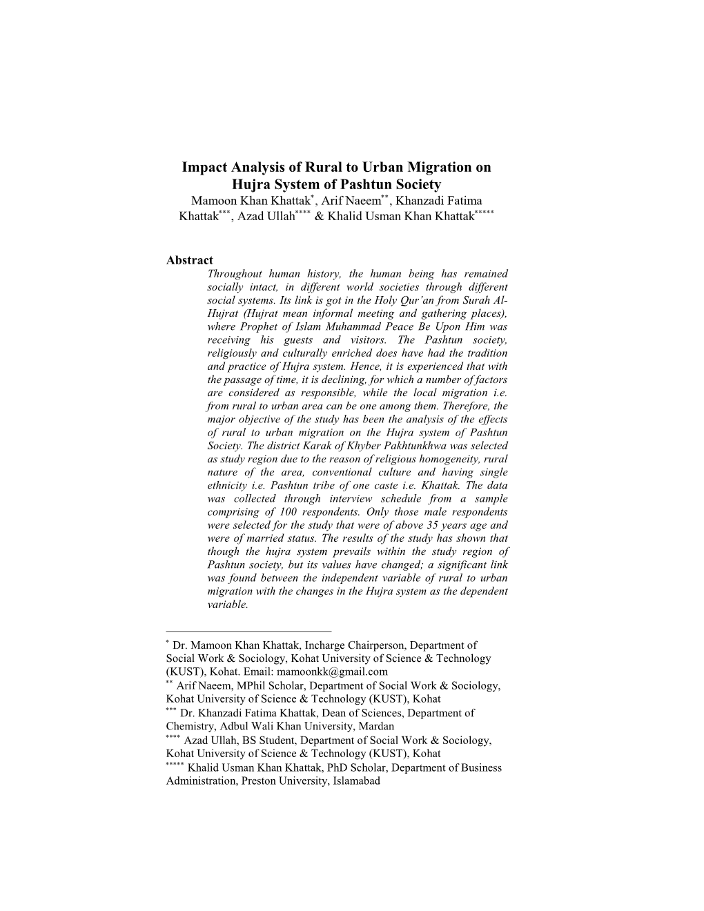 Impact Analysis of Rural to Urban Migration on Hujra System Of