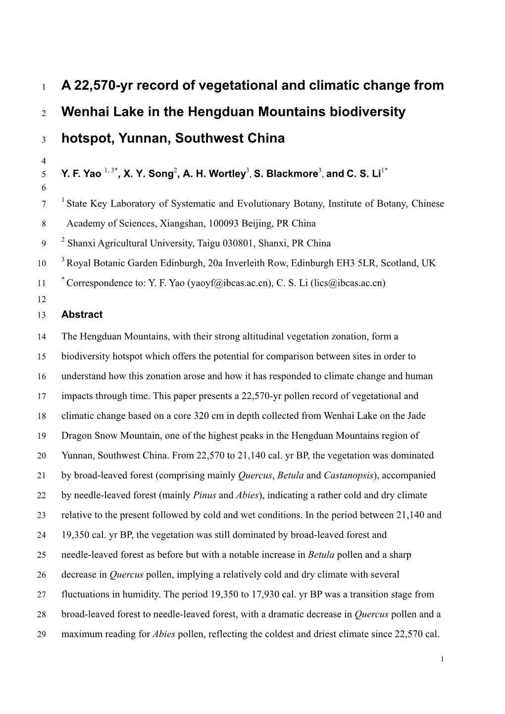 A 22,570-Yr Record of Vegetational and Climatic Change from Wenhai Lake in the Hengduan Mountains Biodiversity Hotspot, Yunnan