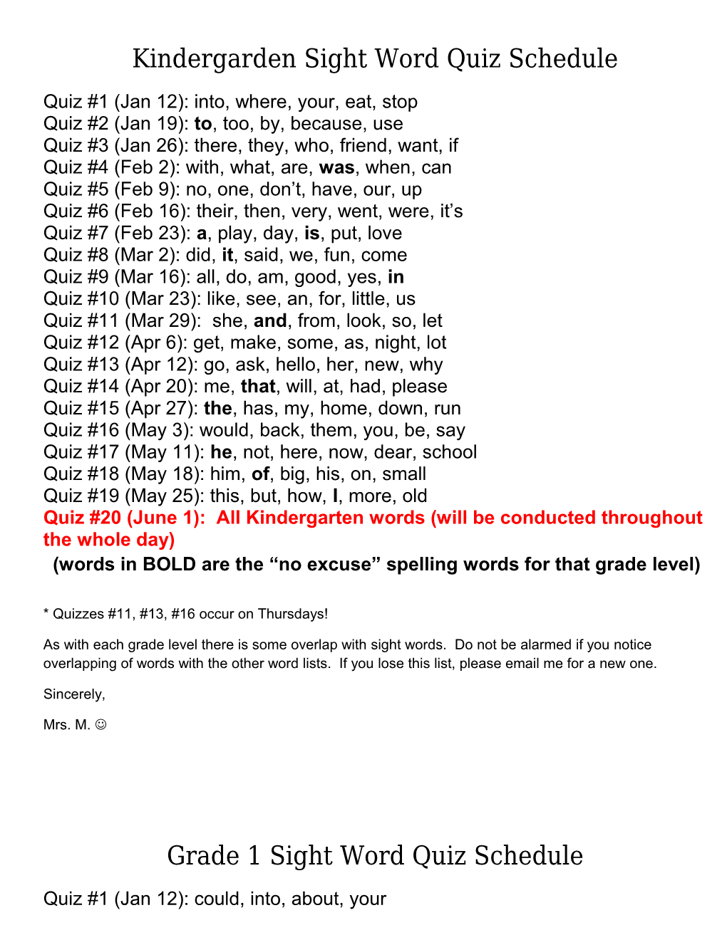 K-3 Spelling Quiz Schedule