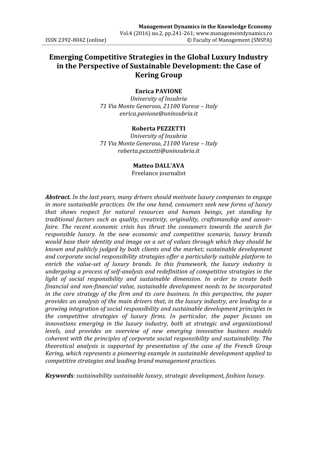 Emerging Competitive Strategies in the Global Luxury Industry in the Perspective of Sustainable Development: the Case of Kering Group