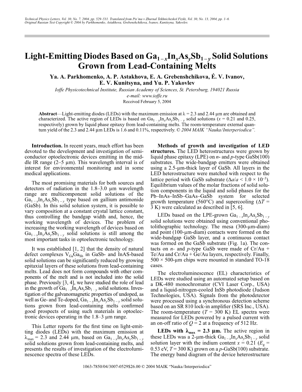 Light-Emitting Diodes Based on Ga1 – Xinxasysb1 – Y Solid