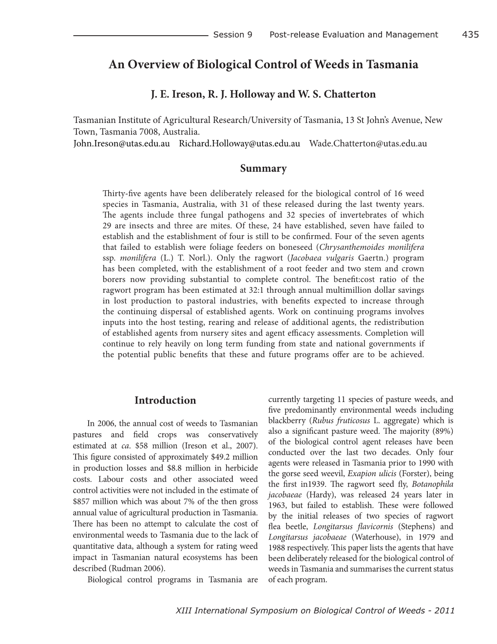 An Overview of Biological Control of Weeds in Tasmania