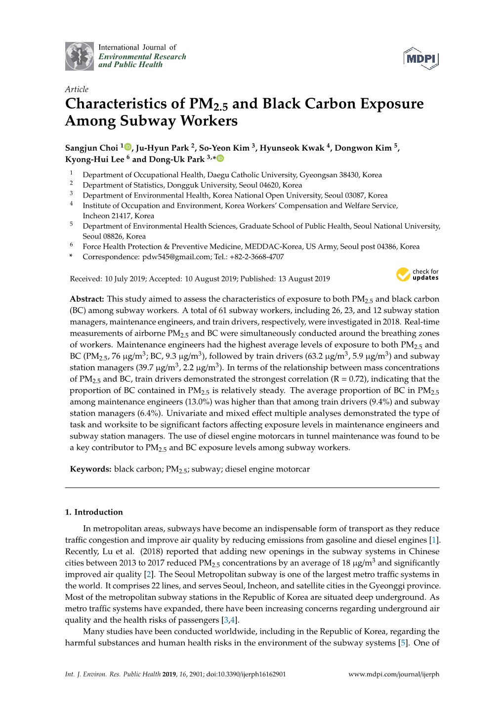 Characteristics of PM2.5 and Black Carbon Exposure Among Subway Workers
