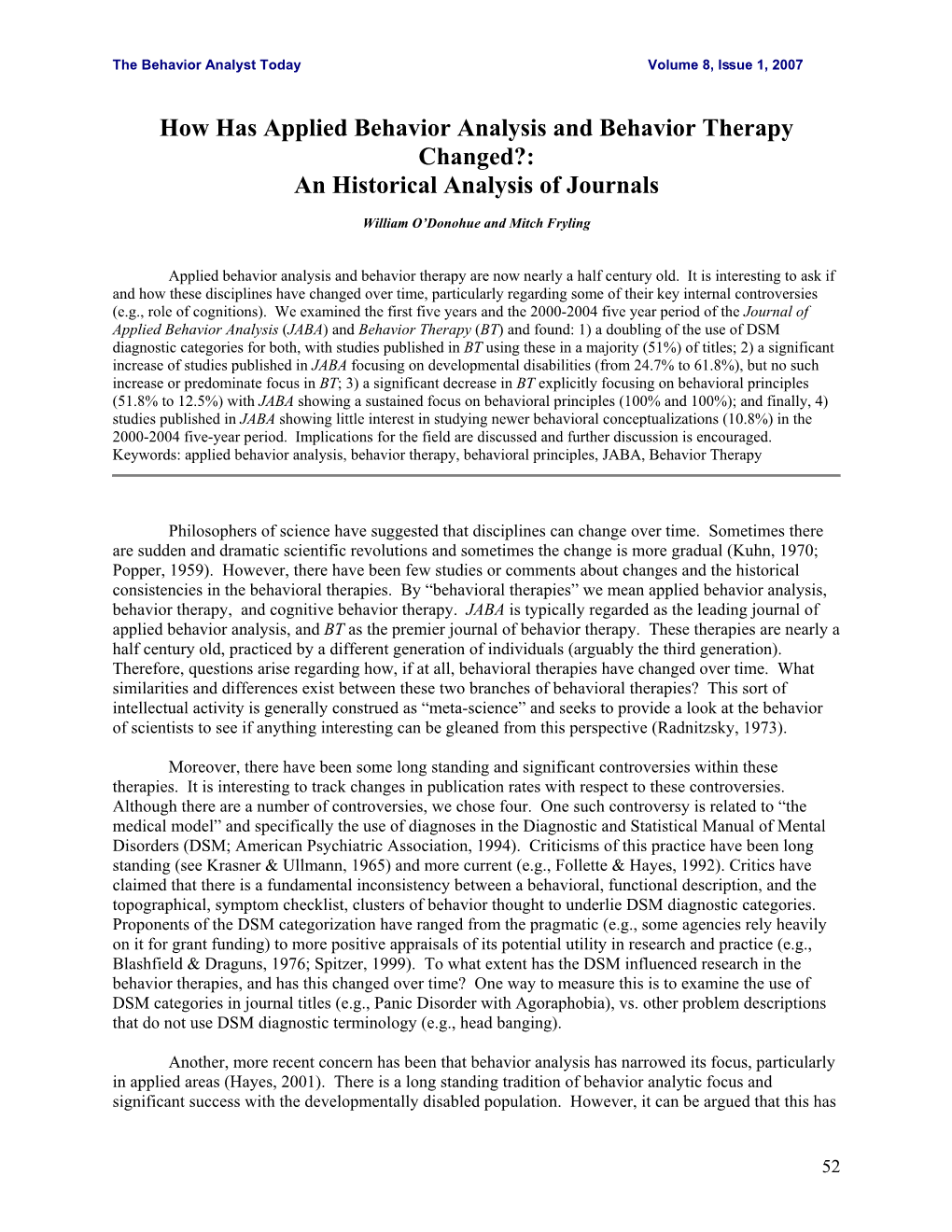 How Has Applied Behavior Analysis and Behavior Therapy Changed?: an Historical Analysis of Journals