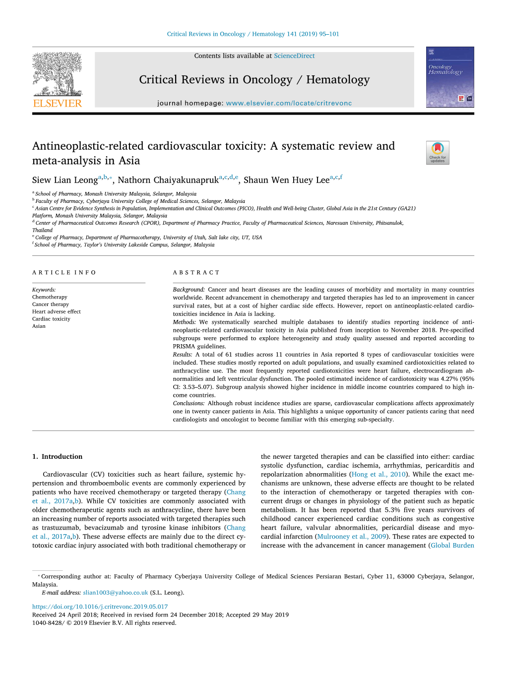 Antineoplastic-Related Cardiovascular Toxicity a Systematic Review And