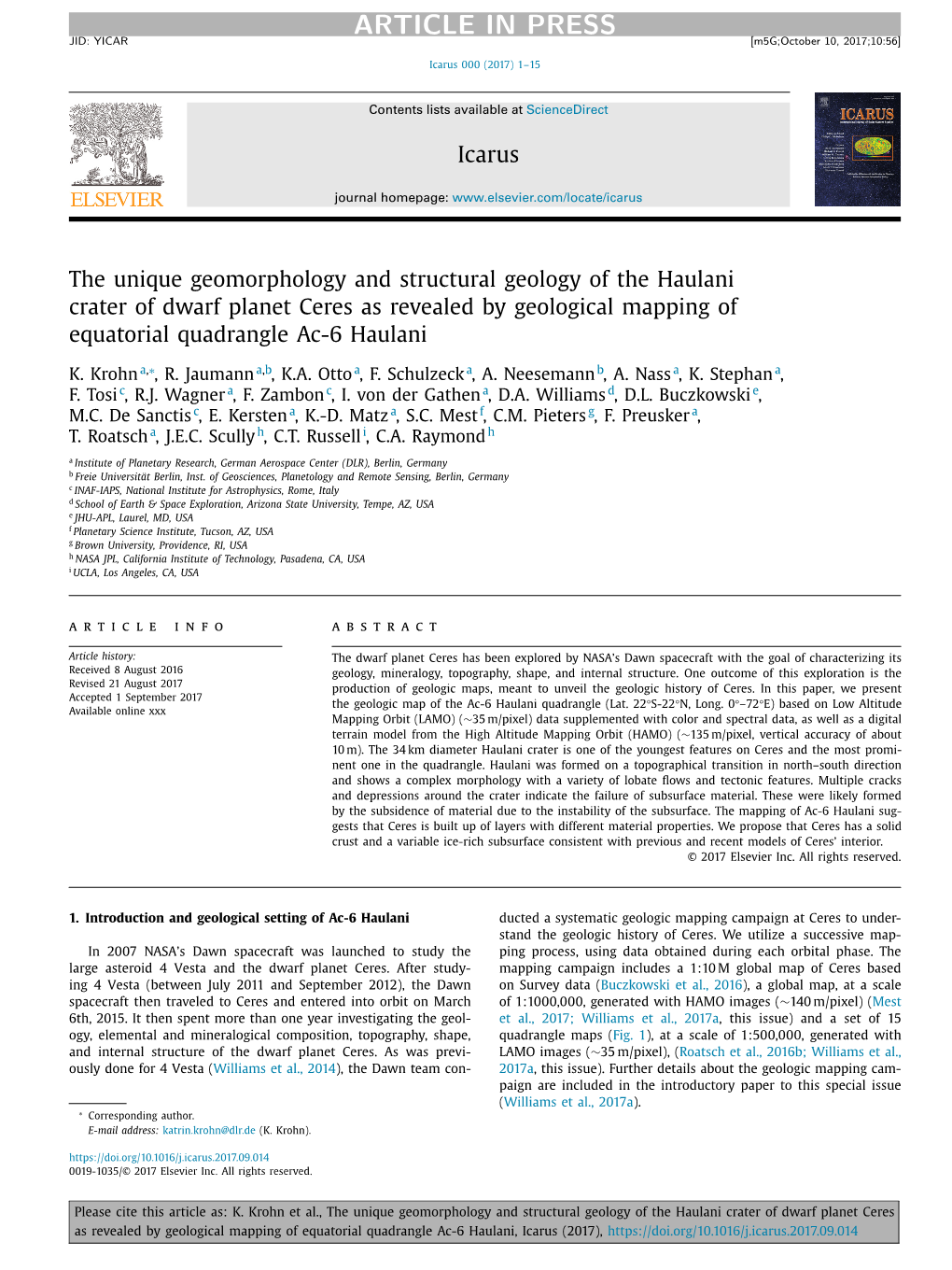 The Unique Geomorphology and Structural Geology of the Haulani Crater of Dwarf Planet Ceres As Revealed by Geological Mapping of Equatorial Quadrangle Ac-6 Haulani