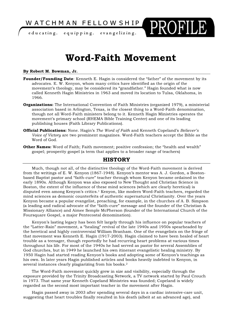 Word-Faith Movement Profile