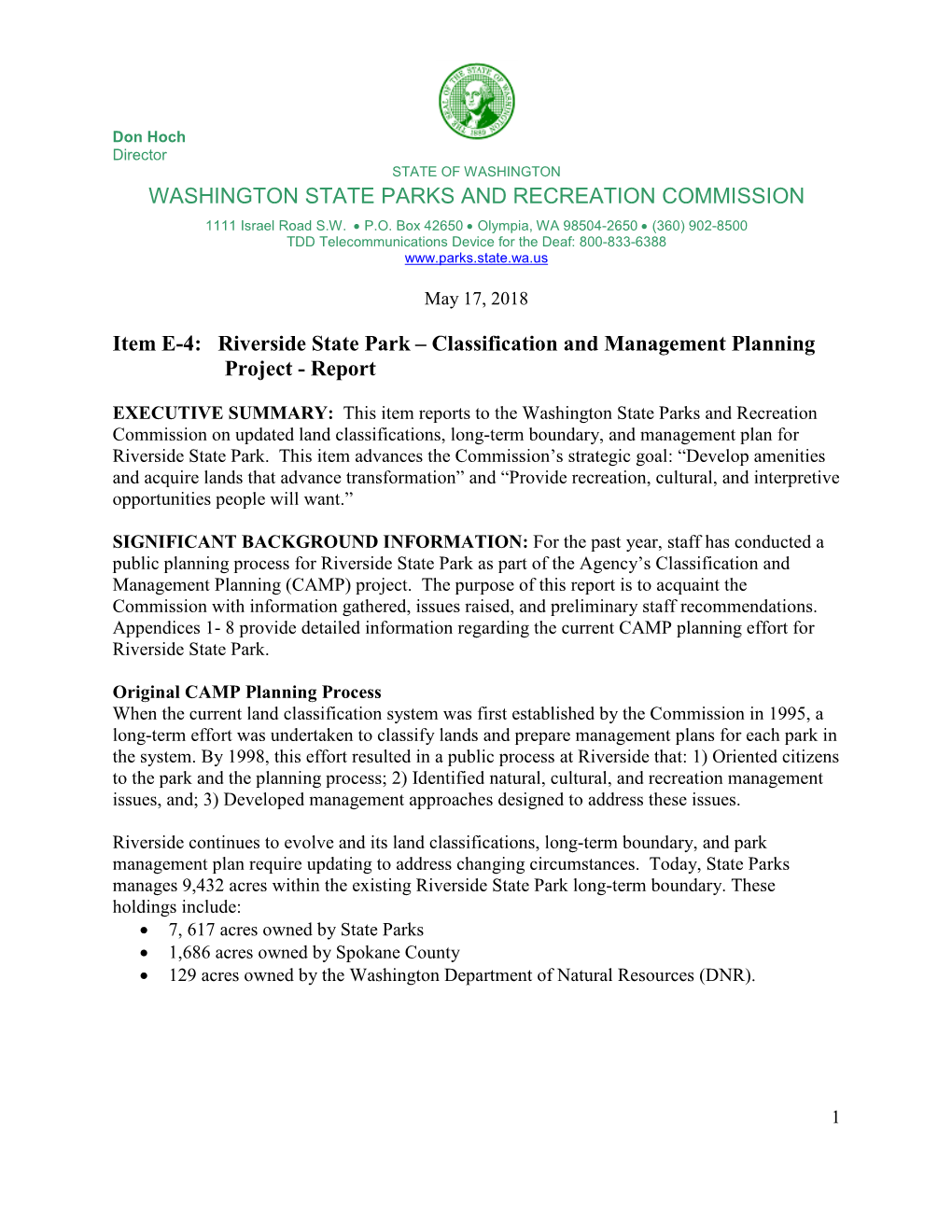 WASHINGTON STATE PARKS and RECREATION COMMISSION Item E-4: Riverside State Park – Classification and Management Planning
