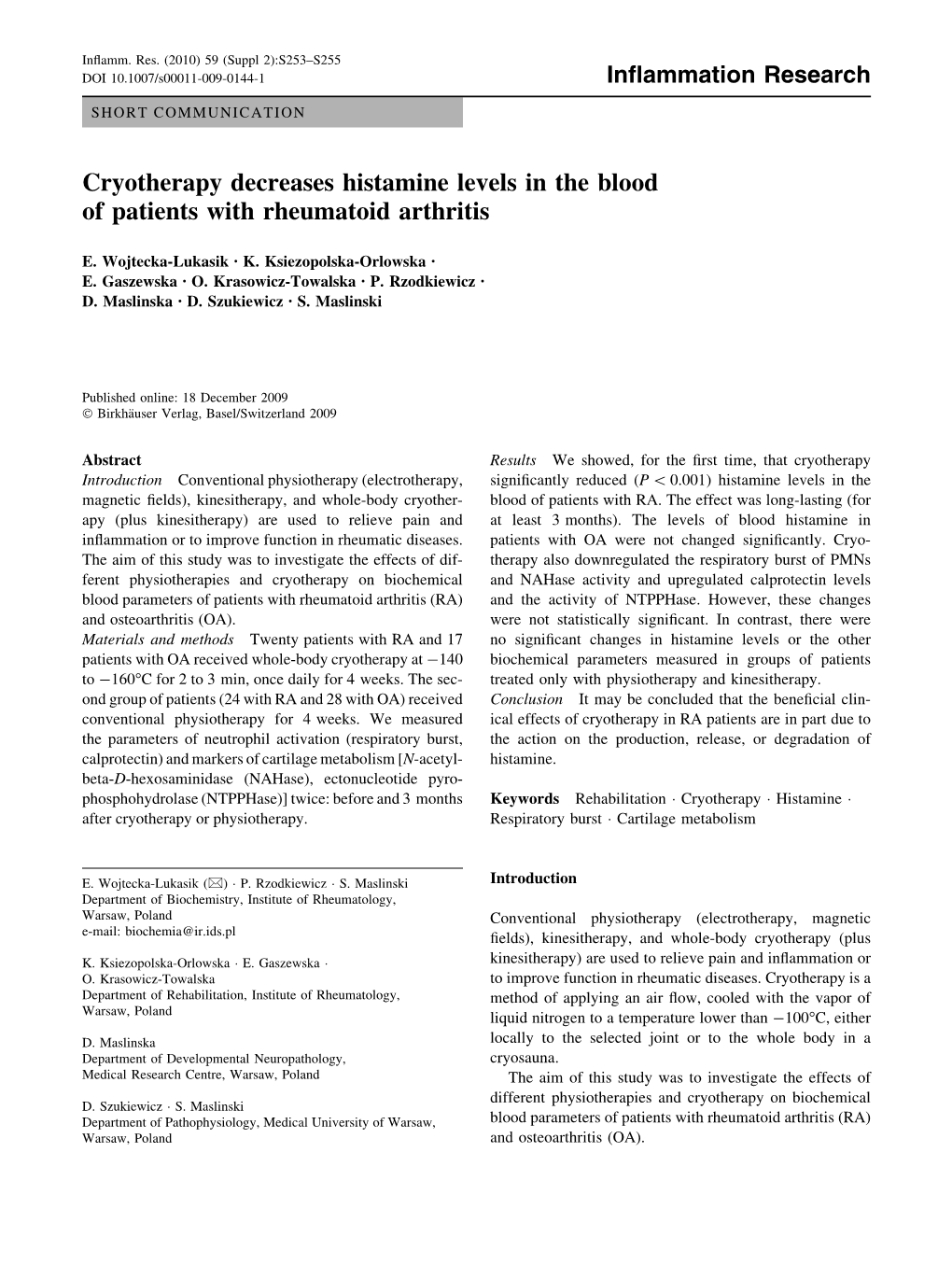 Cryotherapy Decreases Histamine Levels in the Blood of Patients with Rheumatoid Arthritis