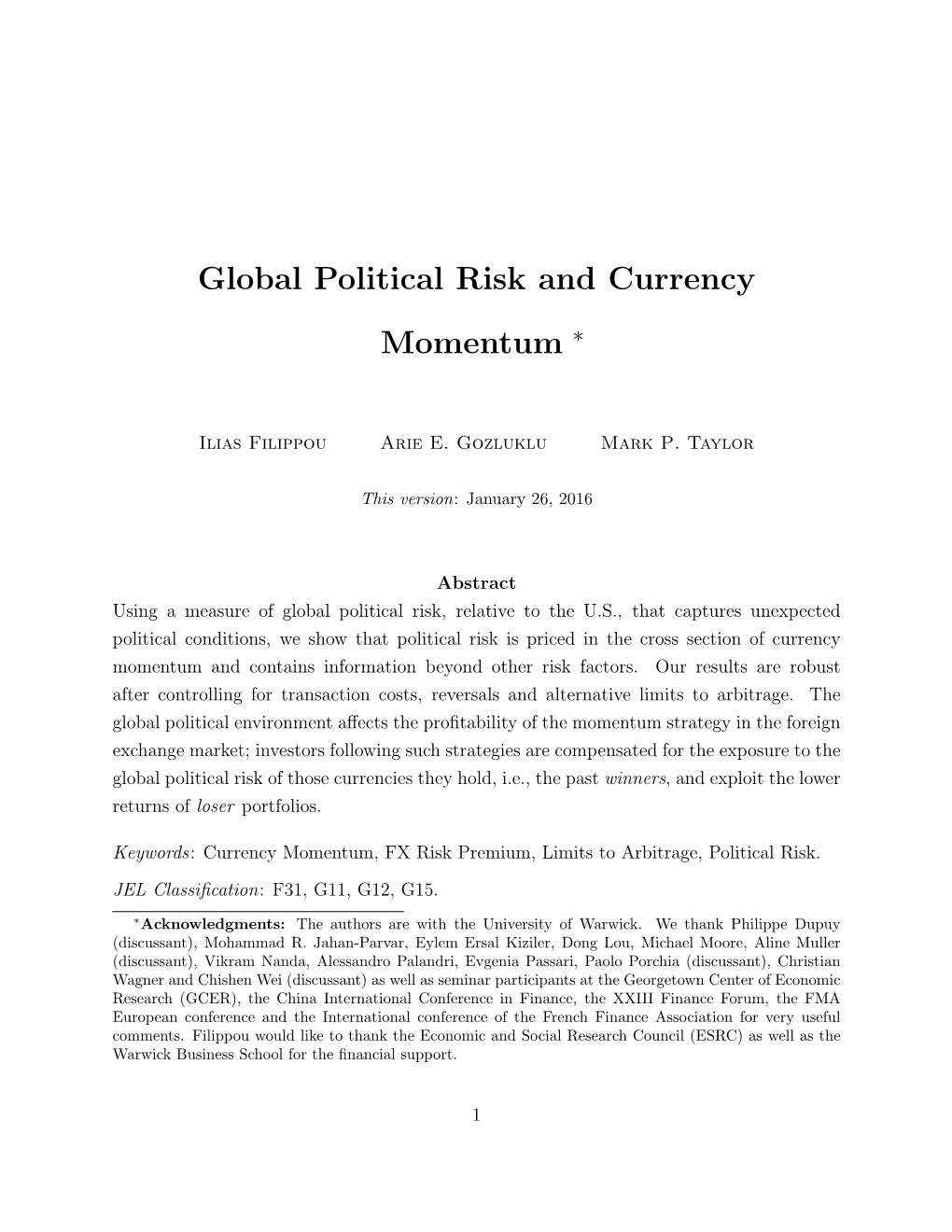 Global Political Risk and Currency Momentum ∗