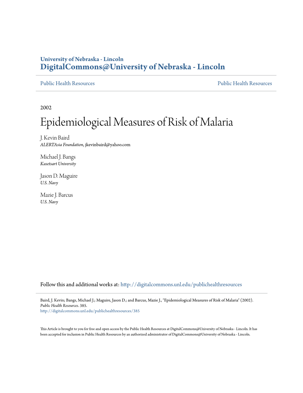 Epidemiological Measures of Risk of Malaria J