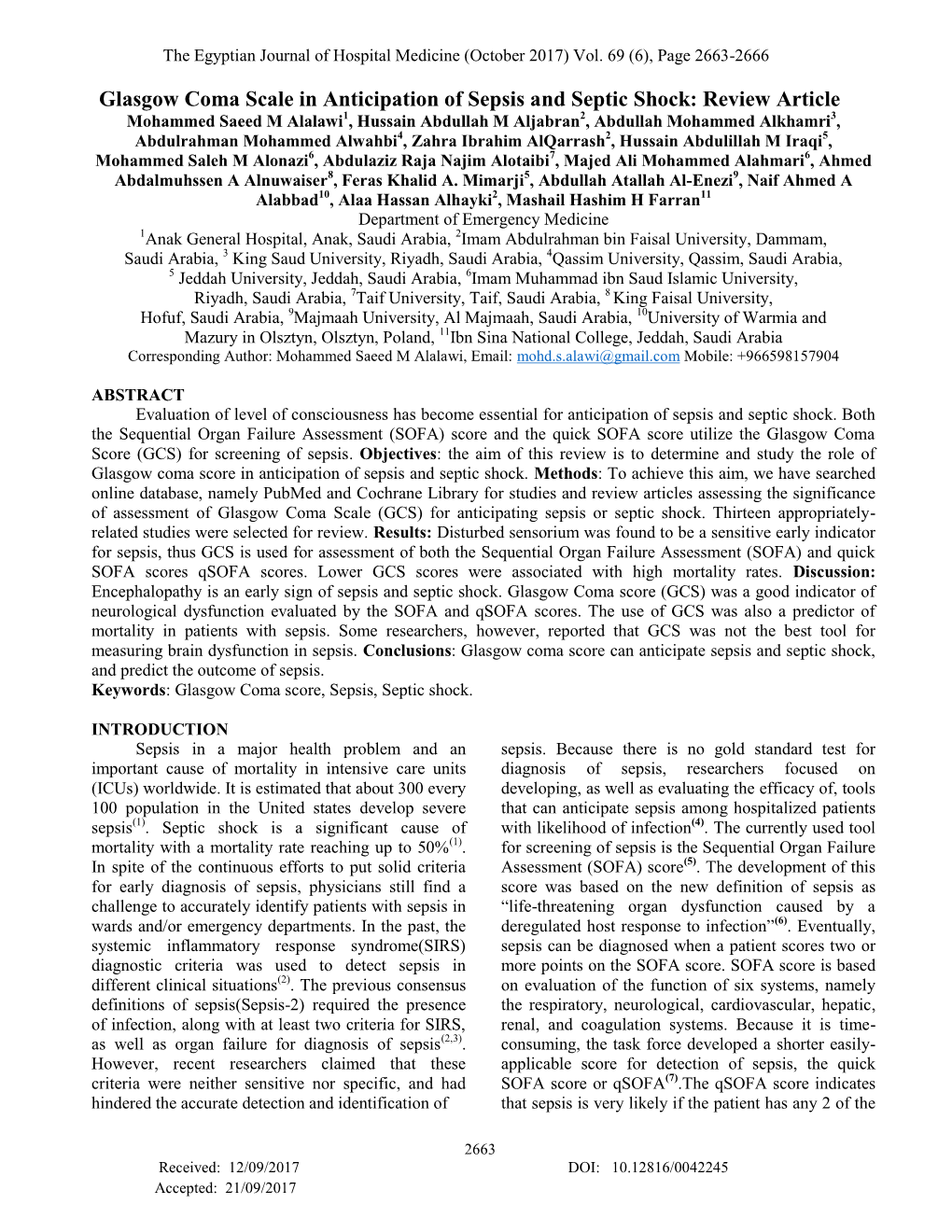 Glasgow Coma Scale in Anticipation of Sepsis and Septic Shock: Review