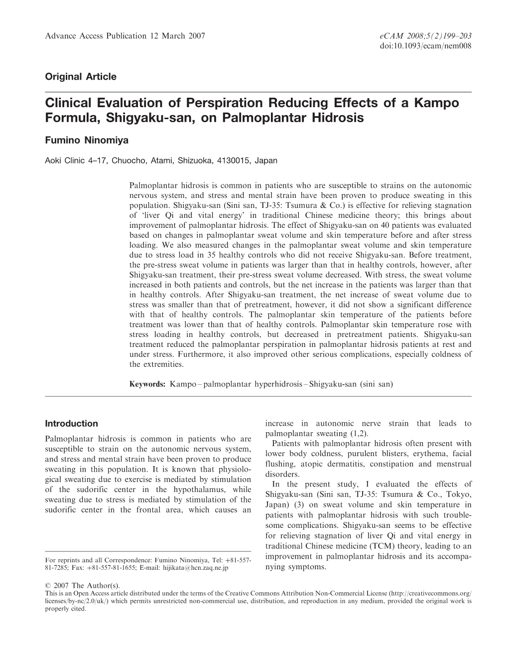 Clinical Evaluation of Perspiration Reducing Effects of a Kampo Formula, Shigyaku-San, on Palmoplantar Hidrosis