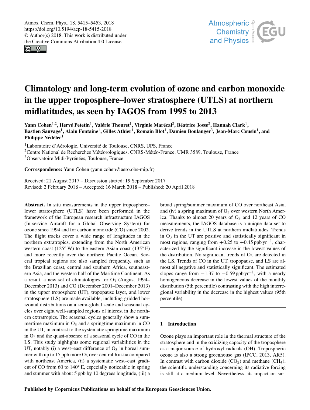 Climatology and Long-Term Evolution of Ozone and Carbon Monoxide In