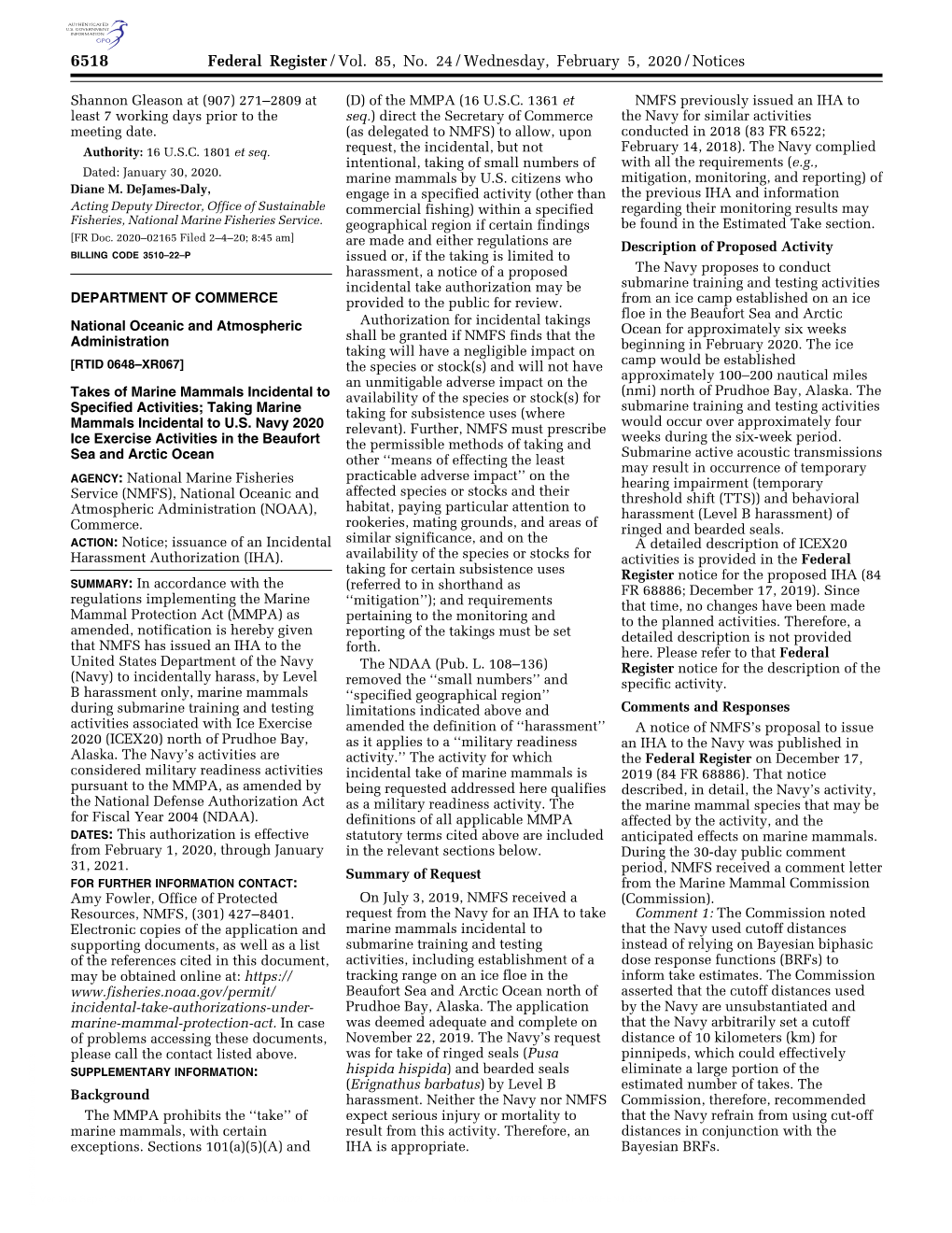 Federal Register/Vol. 85, No. 24/Wednesday, February 5, 2020