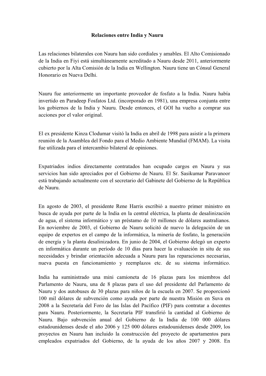 Relaciones Entre India Y Nauru Las Relaciones Bilaterales Con Nauru