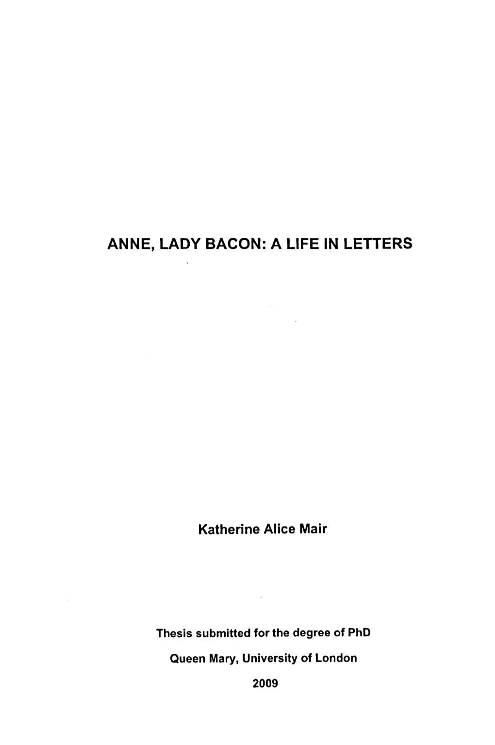 Anne, Lady Bacon: a Life in Letters