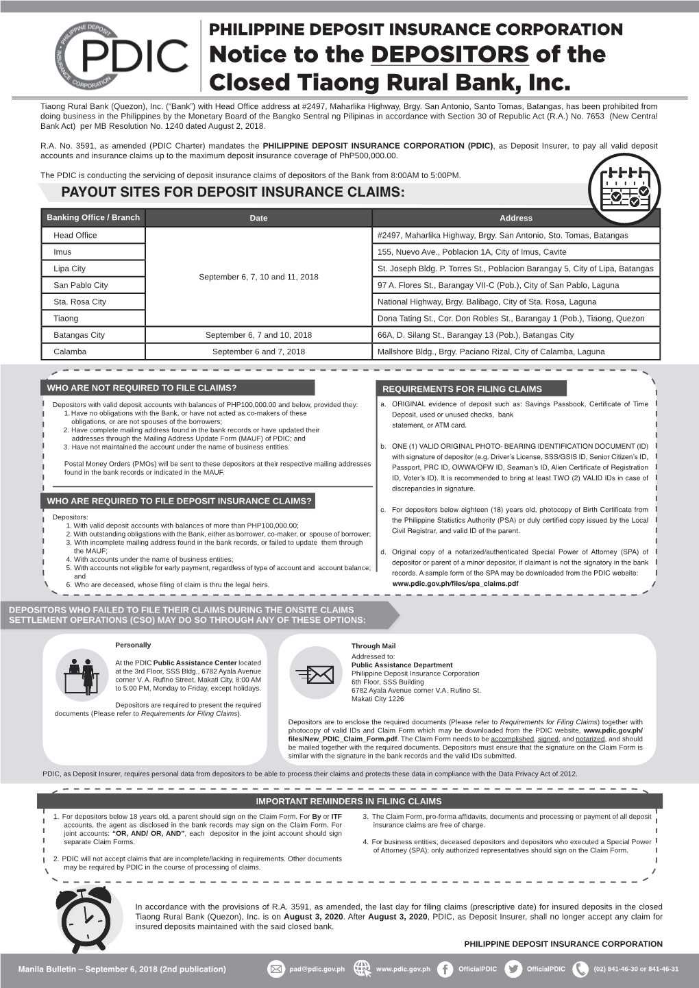 Notice to the DEPOSITORS of the Closed Tiaong Rural Bank, Inc. Tiaong Rural Bank (Quezon), Inc