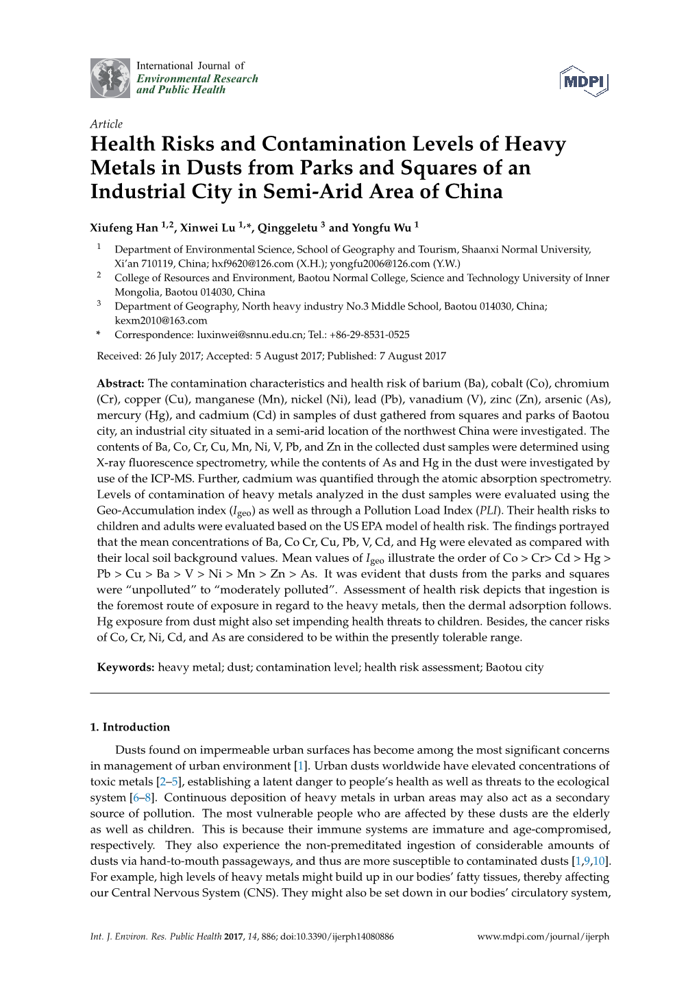 Health Risks and Contamination Levels of Heavy Metals in Dusts from Parks and Squares of an Industrial City in Semi-Arid Area of China