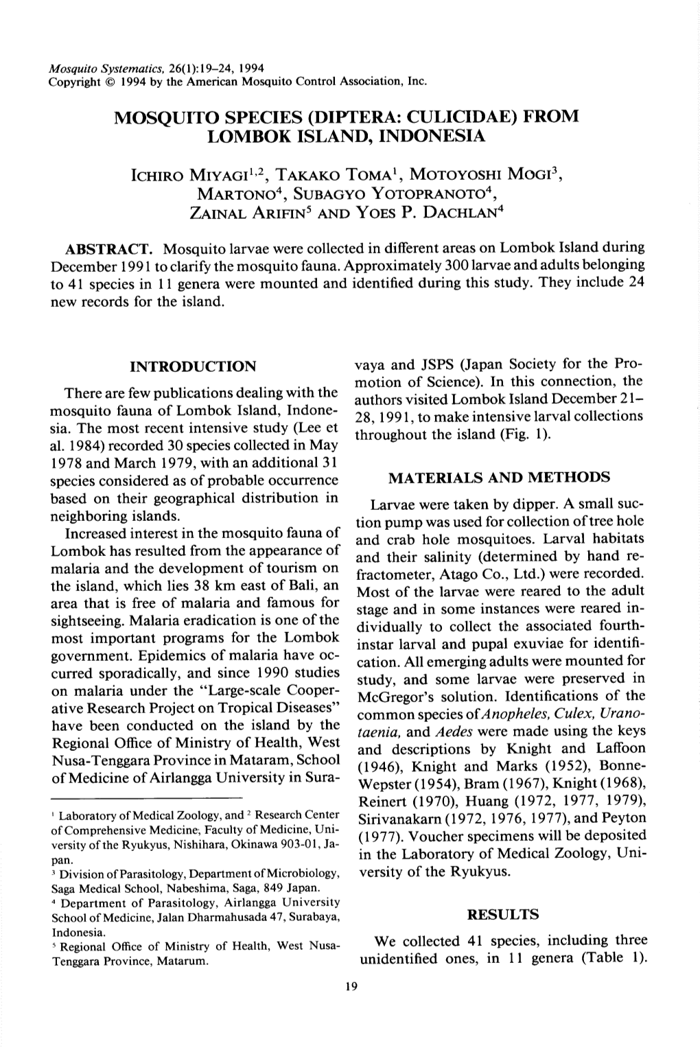 Mosquito Species (Diptera: Culicidae) from Lombok Island, Indonesia