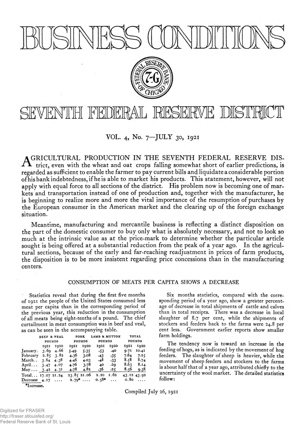 Business Conditions: July 30, 1921, Volume 4, Number 7