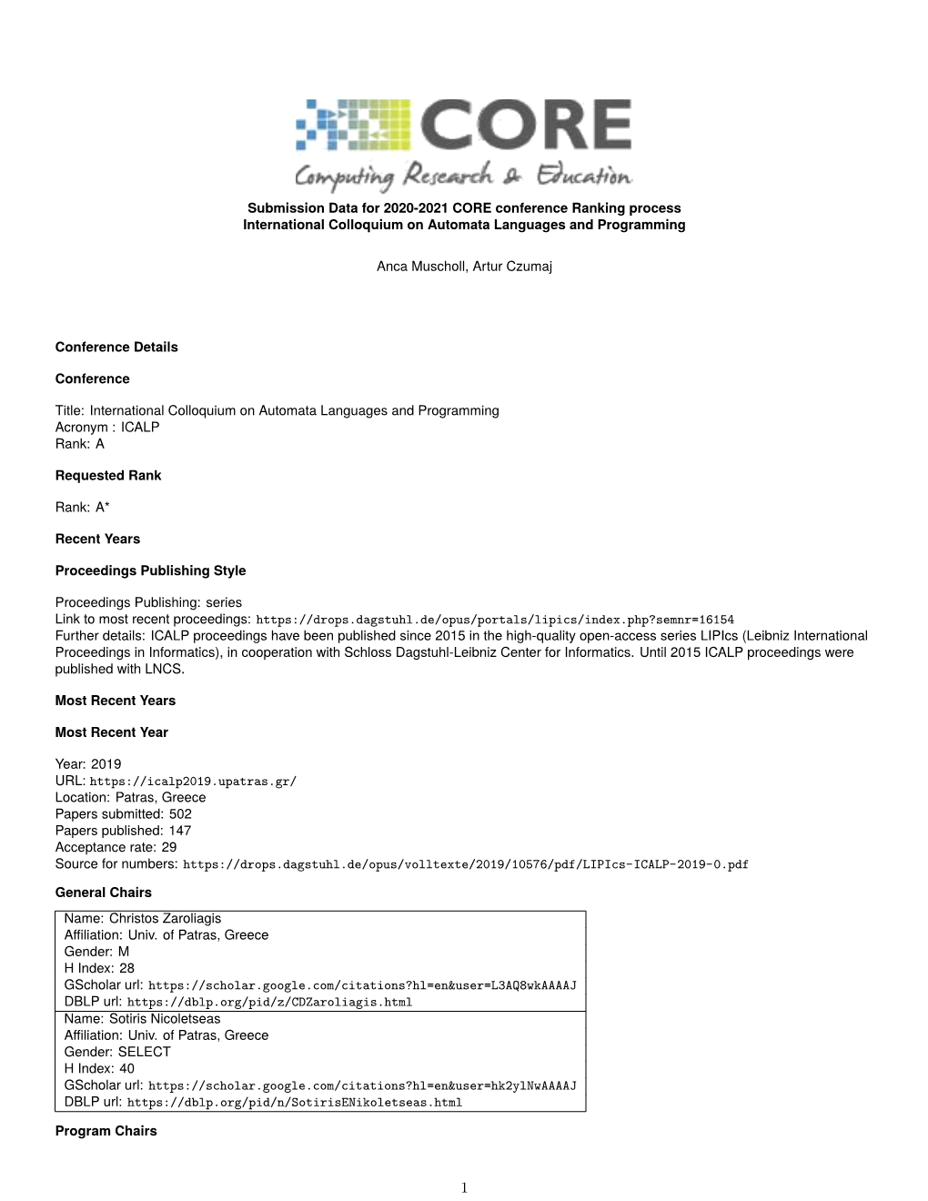 Submission Data for 2020-2021 CORE Conference Ranking Process International Colloquium on Automata Languages and Programming