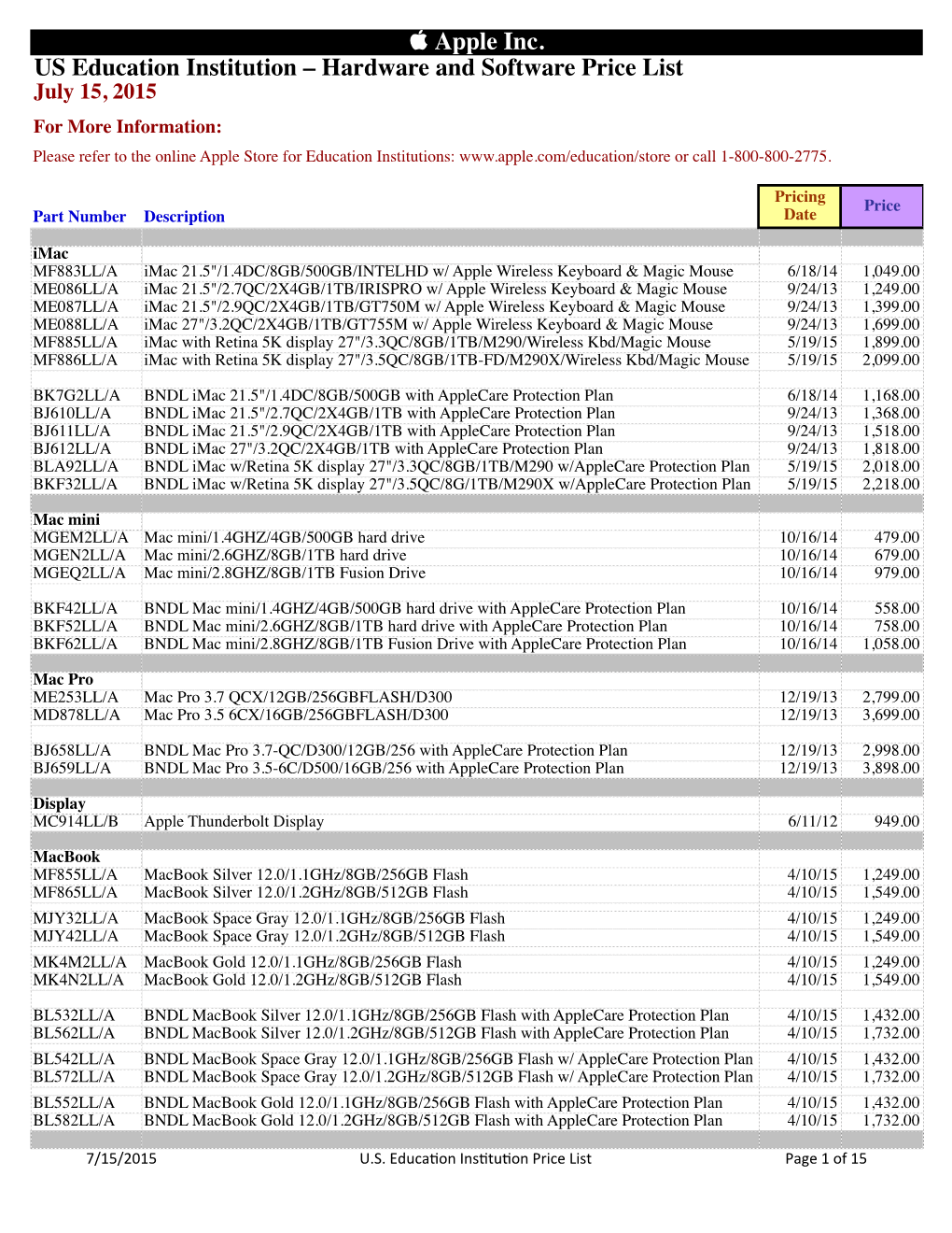 US Education Institution Price List 07-15-2015