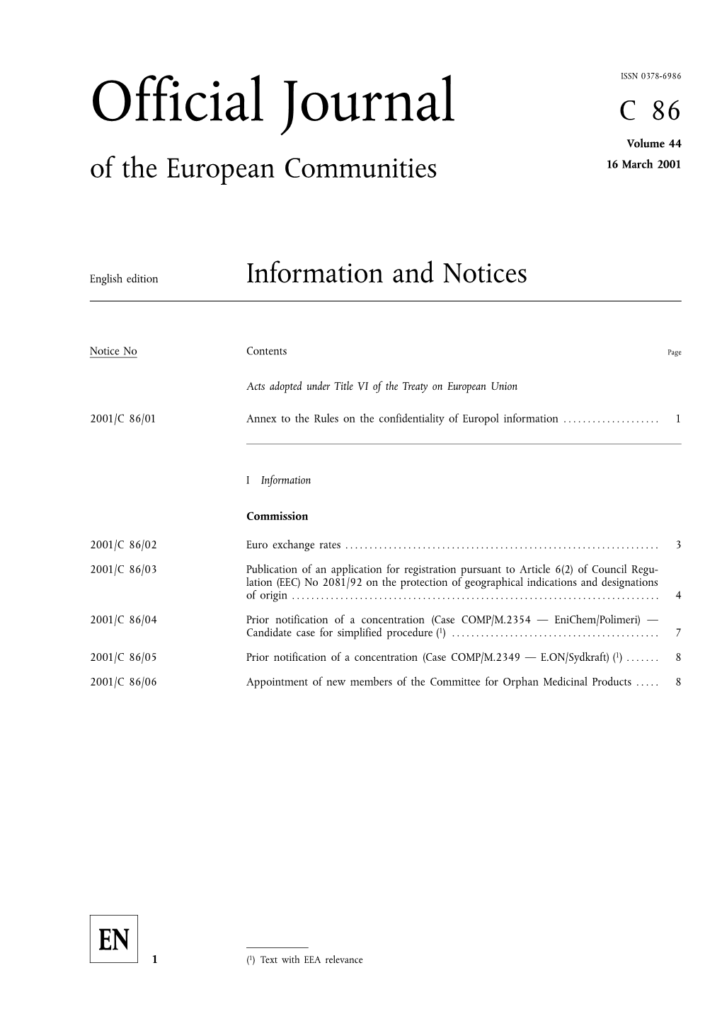 Official Journal C86 Volume 44 of the European Communities 16 March 2001