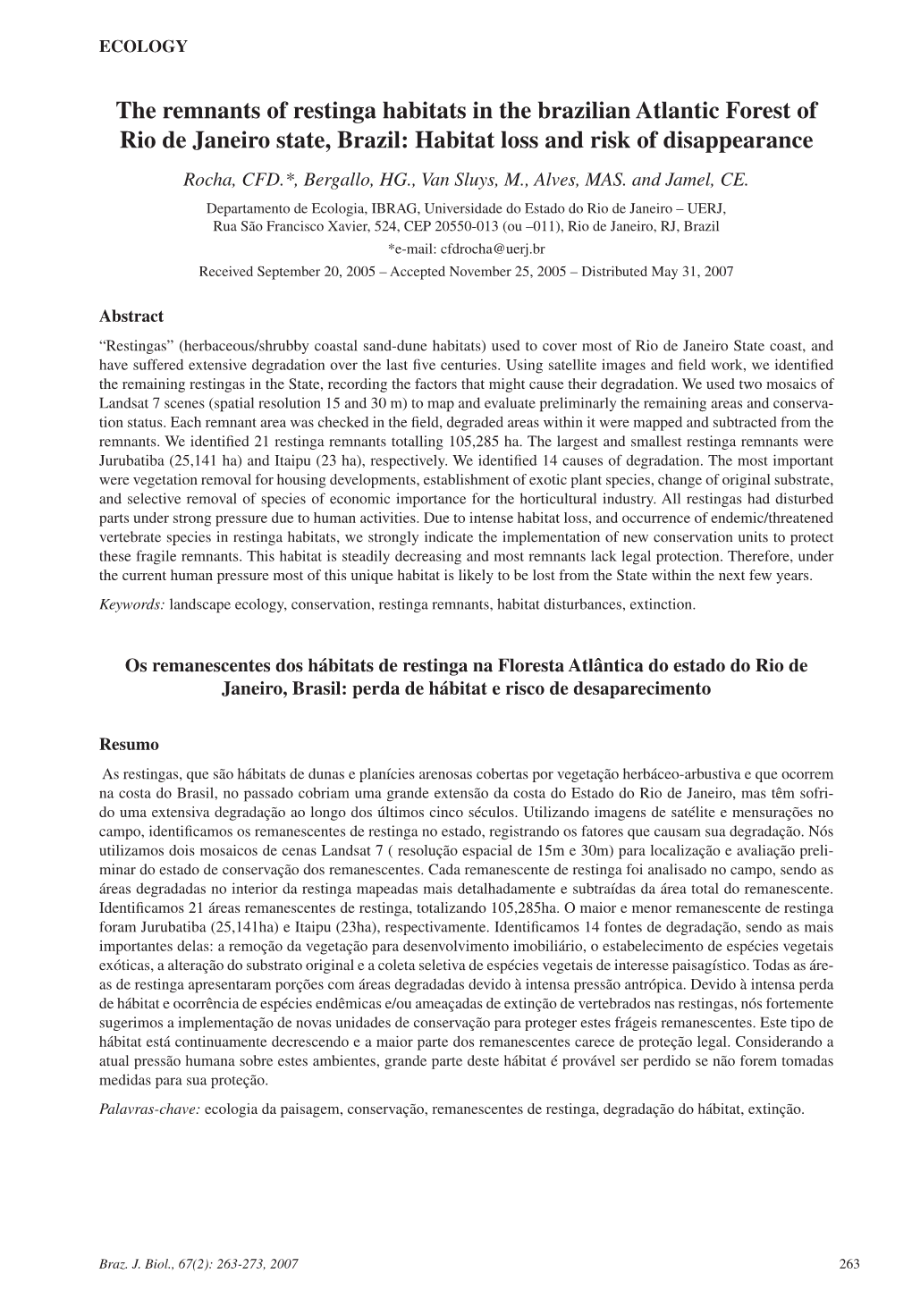 The Remnants of Restinga Habitats in the Brazilian Atlantic Forest of Rio