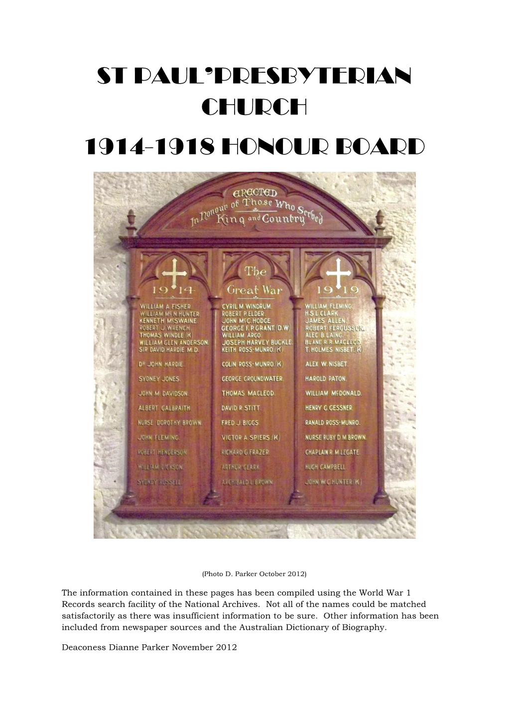 St Paul'presbyterian Church 1914-1918 Honour Board