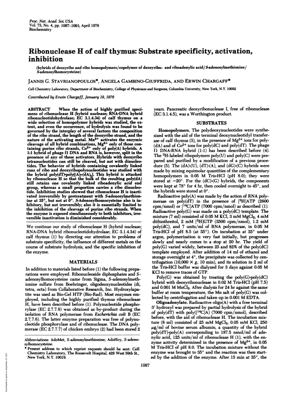 Ribonuclease H of Calf Thymus: Substrate Specificity, Activation, Inhibition (Hybrids of Deoxyribo and Ribo Homopolymers/Copolymer of Deoxyribo