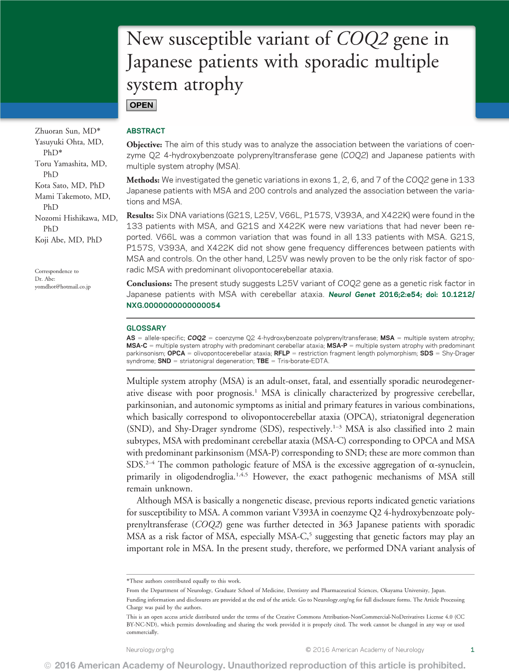 New Susceptible Variant of COQ2 Gene in Japanese Patients with Sporadic Multiple System Atrophy