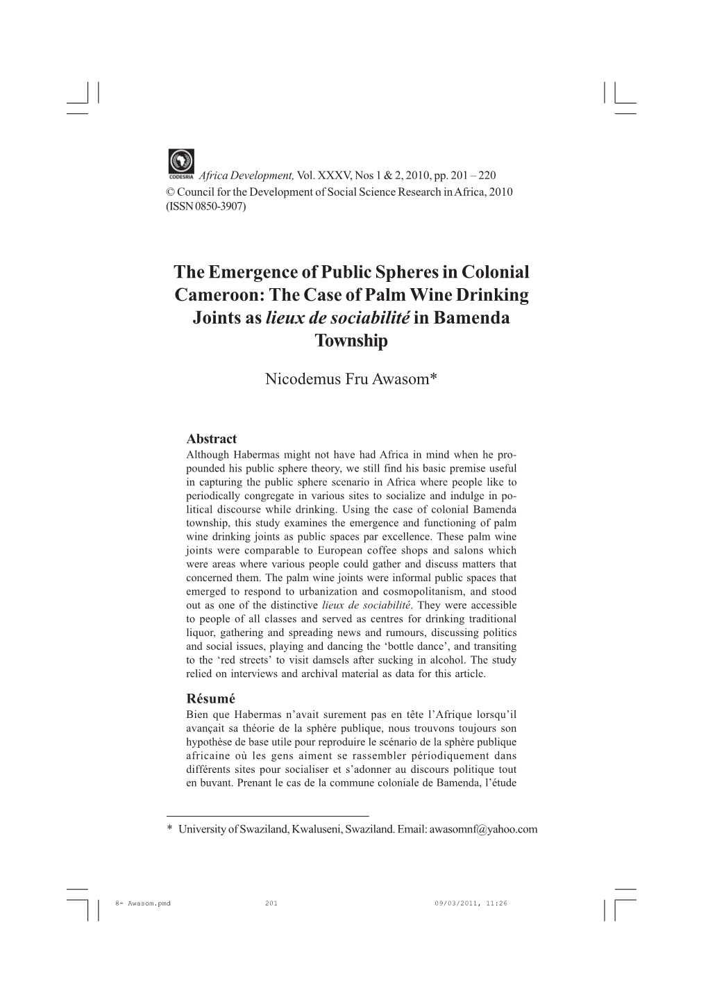 The Emergence of Public Spheres in Colonial Cameroon: the Case of Palm Wine Drinking Joints As Lieux De Sociabilité in Bamenda Township
