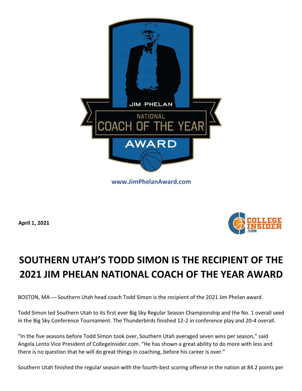 Southern Utah's Todd Simon Is the Recipient of the 2021 Jim Phelan National Coach of the Year Award