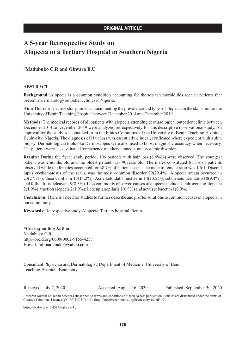 A 5-Year Retrospective Study on Alopecia in a Tertiary Hospital in Southern Nigeria