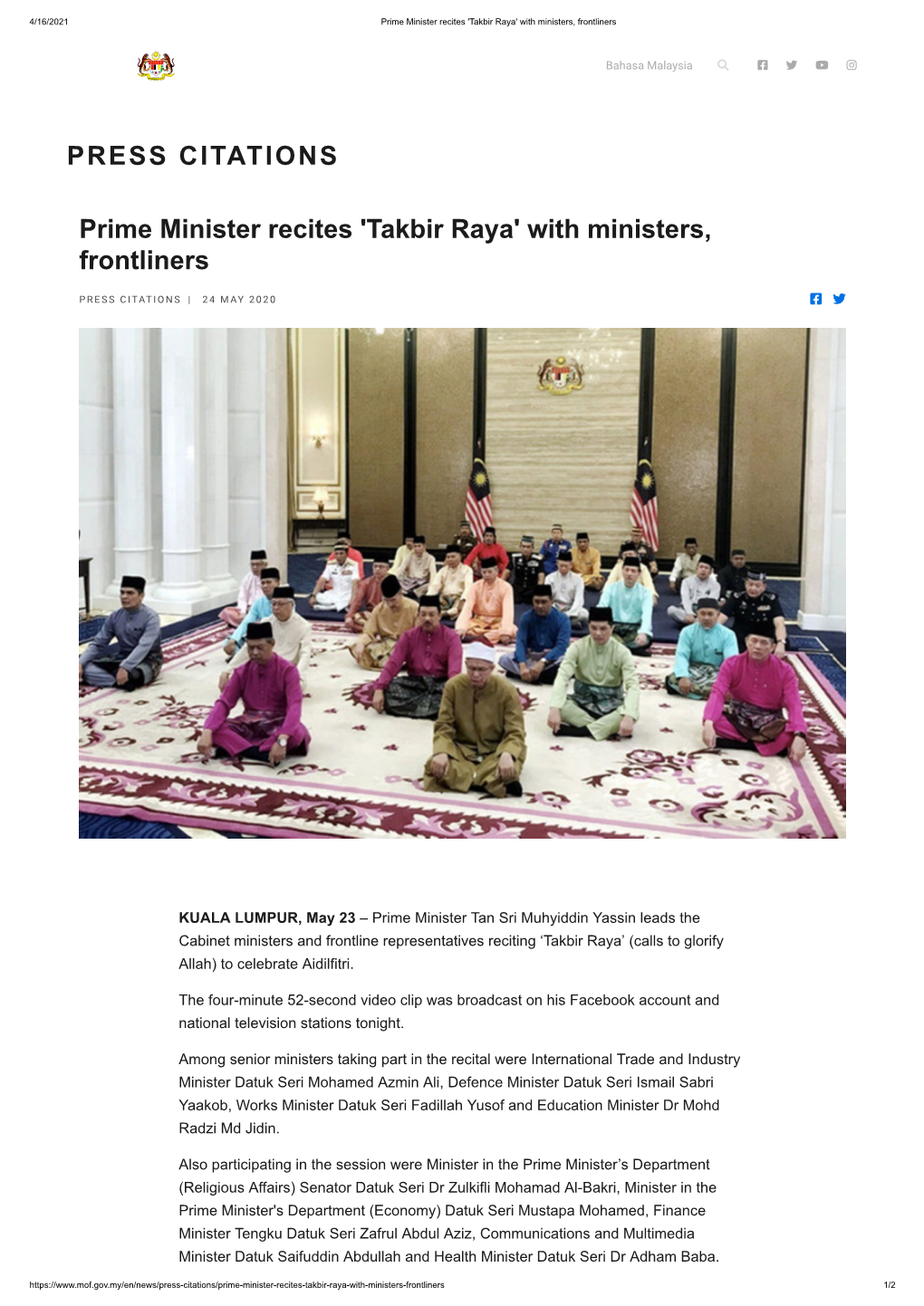 PRESS CITATIONS Prime Minister Recites 'Takbir Raya' with Ministers, Frontliners