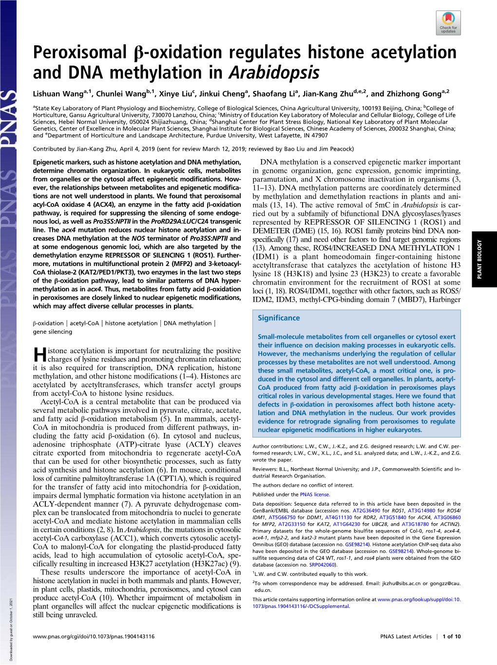 Peroxisomal Β-Oxidation Regulates Histone Acetylation and DNA Methylation in Arabidopsis